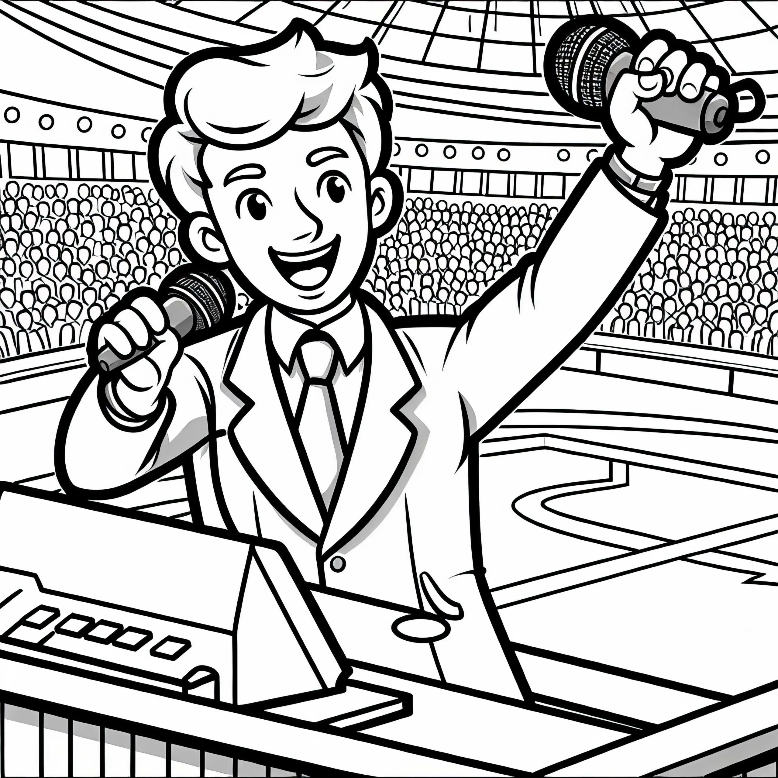 Stadionsprecher kommentiert ein Tor mit Begeisterung – Ausmalbild kostenlos
