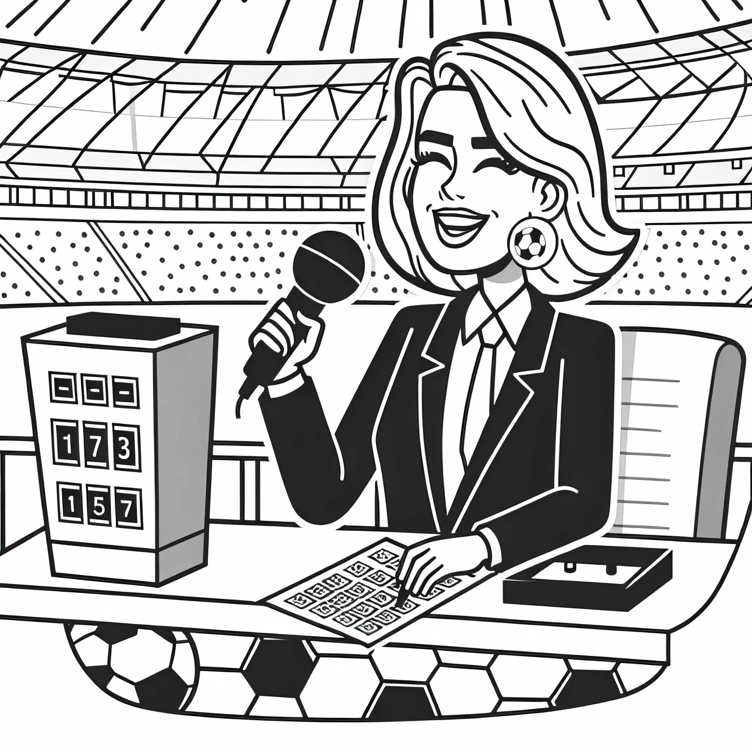 Stadionsprecherin moderiert Gewinnspiel – Ausmalbild kostenlos