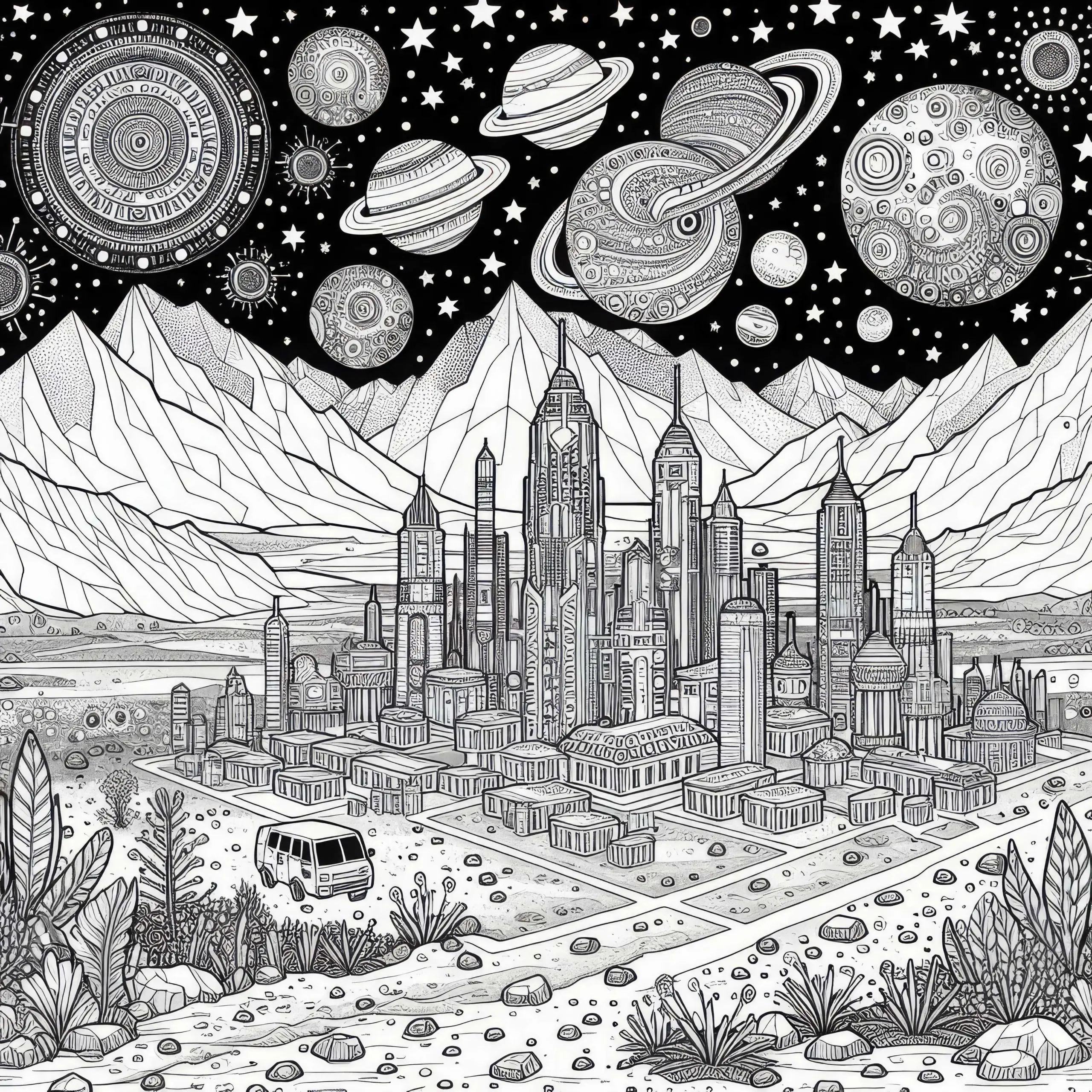 Stadt auf dem Mars Malvorlage kostenlos herunterladen (Ausmalbild)