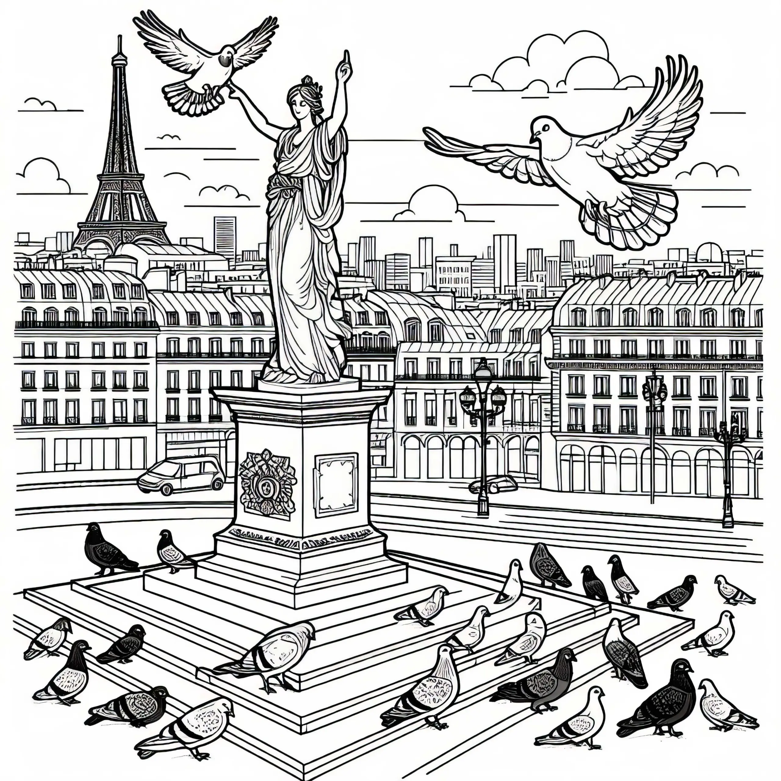 Stadt-Ausmalbild mit Statue (kostenlos)