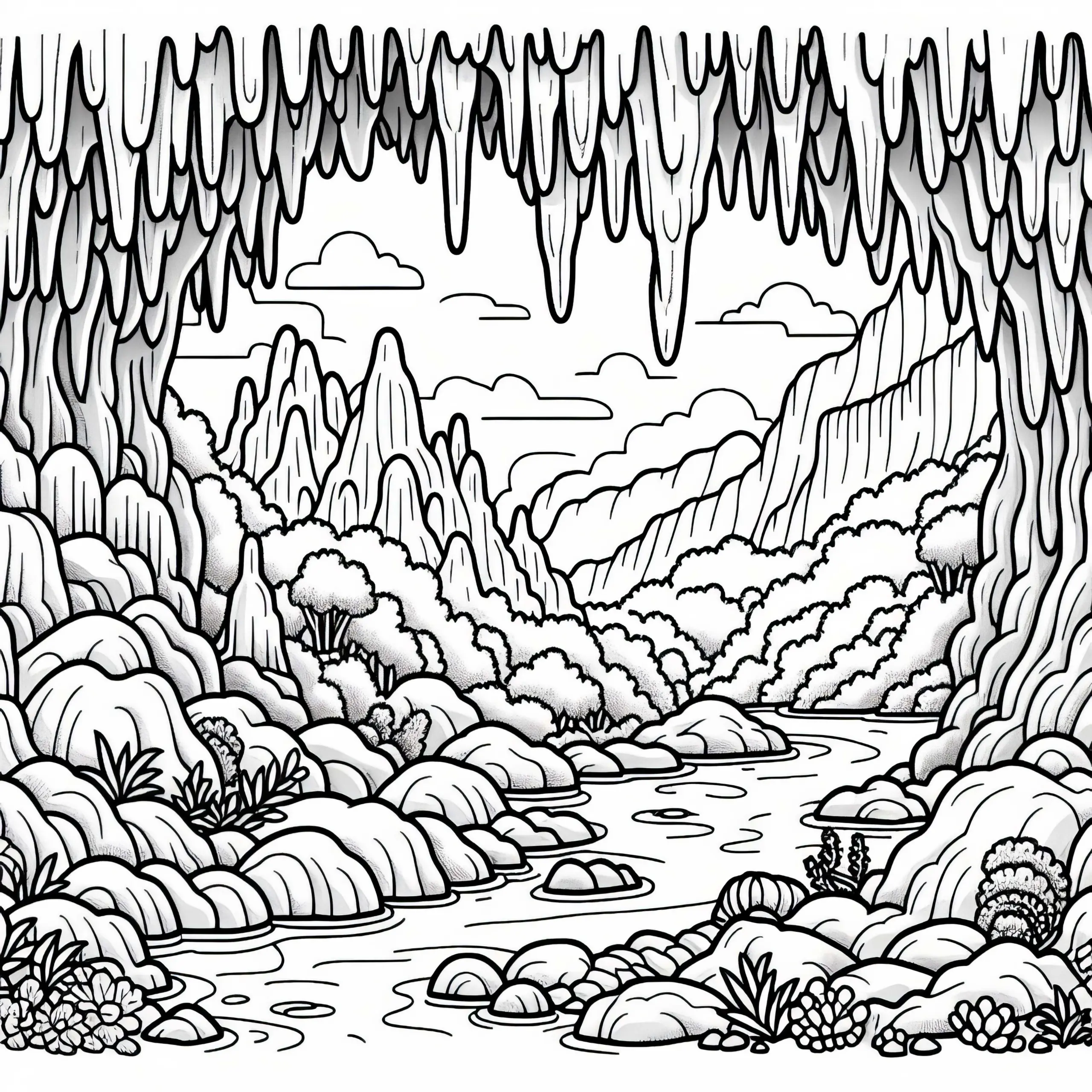 Stalaktiten und Stalagmiten in einer Höhle – Malvorlage gratis (Ausmalbild)