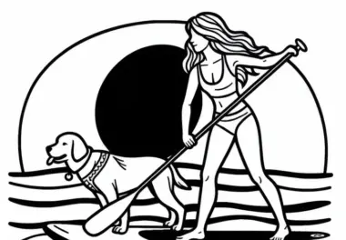 Stand-Up-Paddlerin fährt mit Hund auf dem Brett – Malvorlage gratis