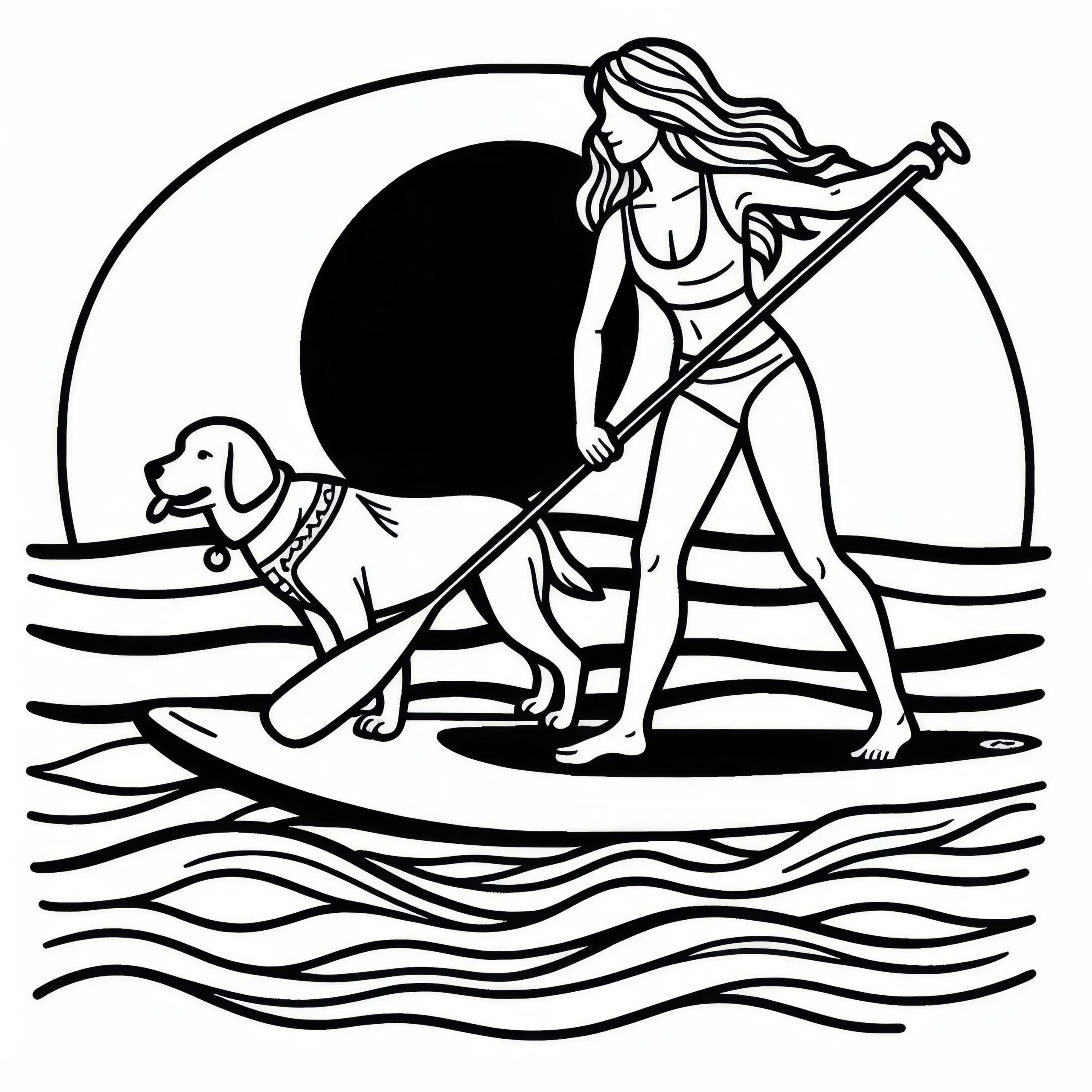 Stand-Up-Paddlerin fährt mit Hund auf dem Brett – Malvorlage gratis (Ausmalbild)