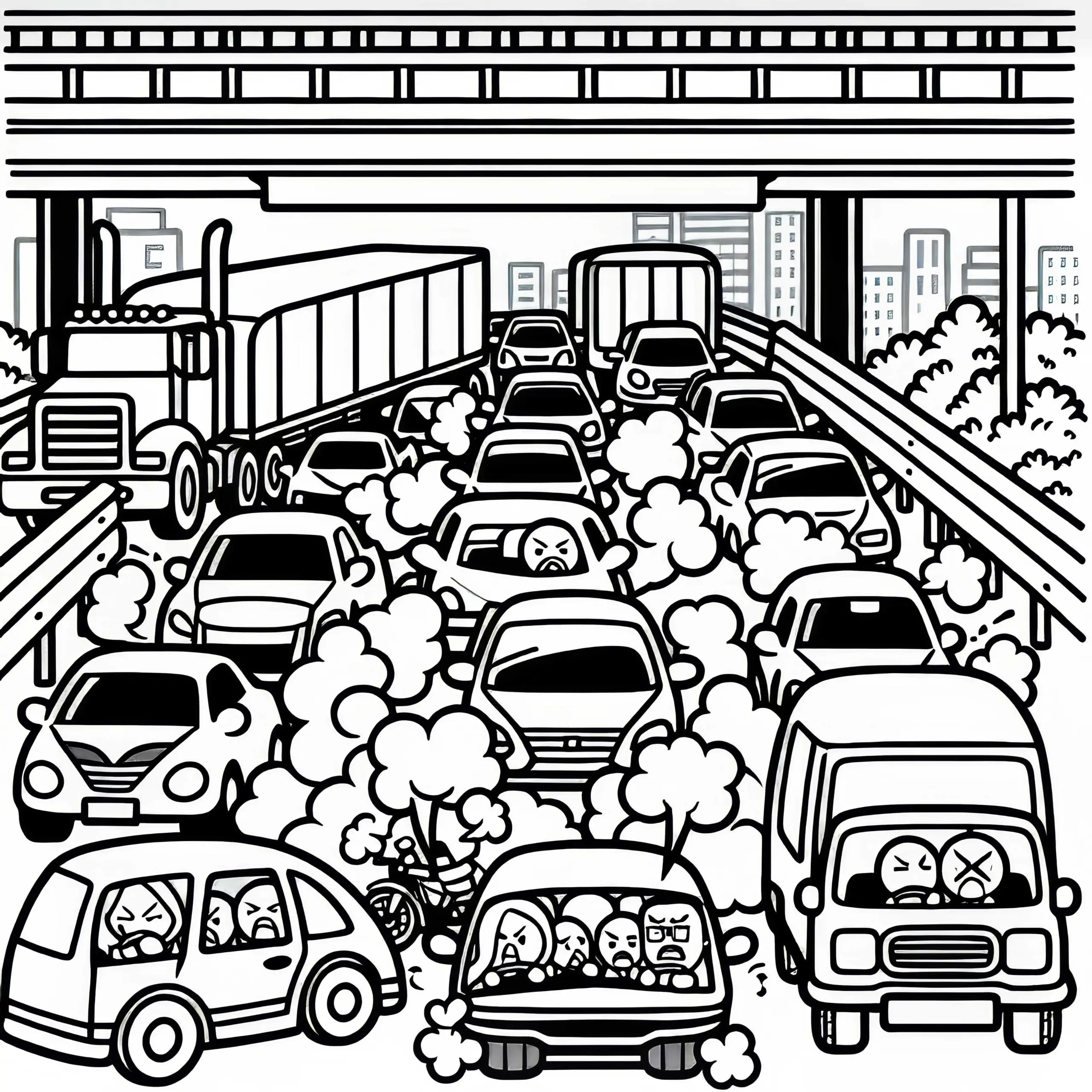 Stau auf der Autobahn mit genervten Fahrern – Malvorlage kostenlos (Ausmalbild)