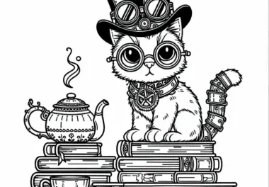 Steampunk Kater mit Zylinder und Brille sitzt auf Bücherstapel neben Teekessel