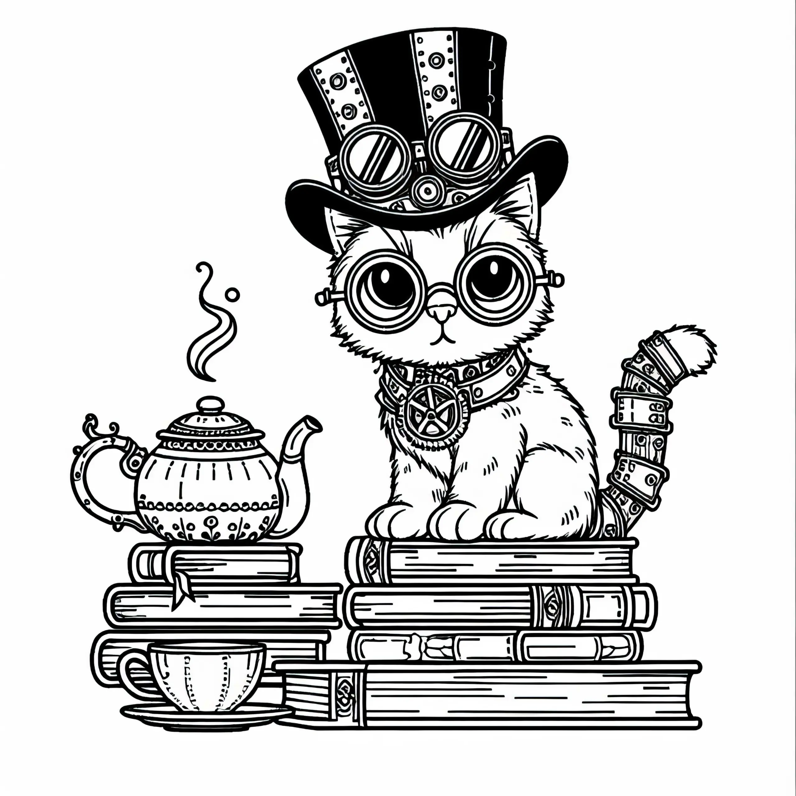 Steampunk Kater mit Zylinder und Brille sitzt auf Bücherstapel neben Teekessel (Ausmalbild)