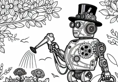 Steampunk-Roboter hilft beim Blumengiessen im viktorianischen Garten als Malvorlage