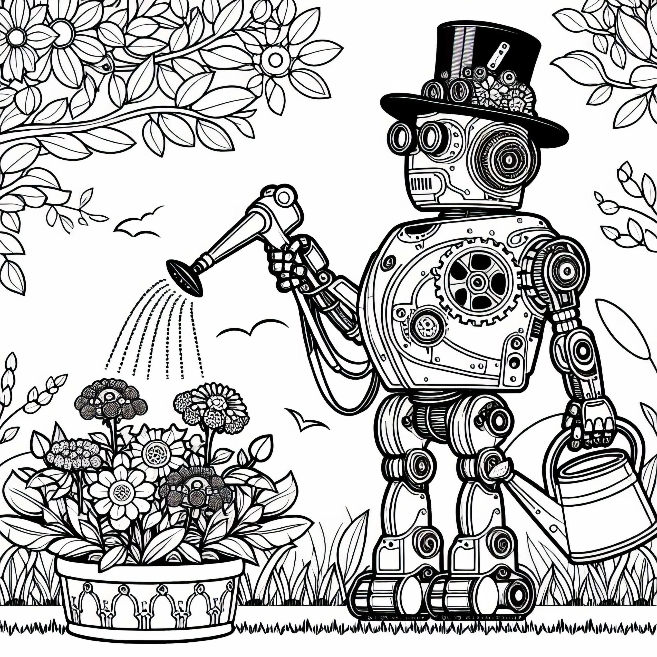 Steampunk-Roboter hilft beim Blumengiessen im viktorianischen Garten als Malvorlage (Ausmalbild)