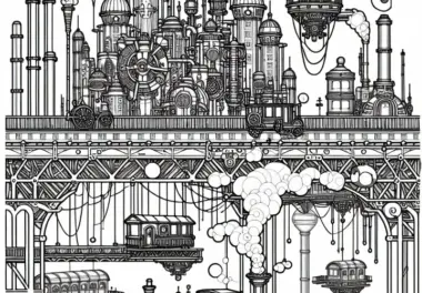 Steampunk Stadt mit schwebenden Plattformen und Eisenbrücken – Malvorlage kostenlos