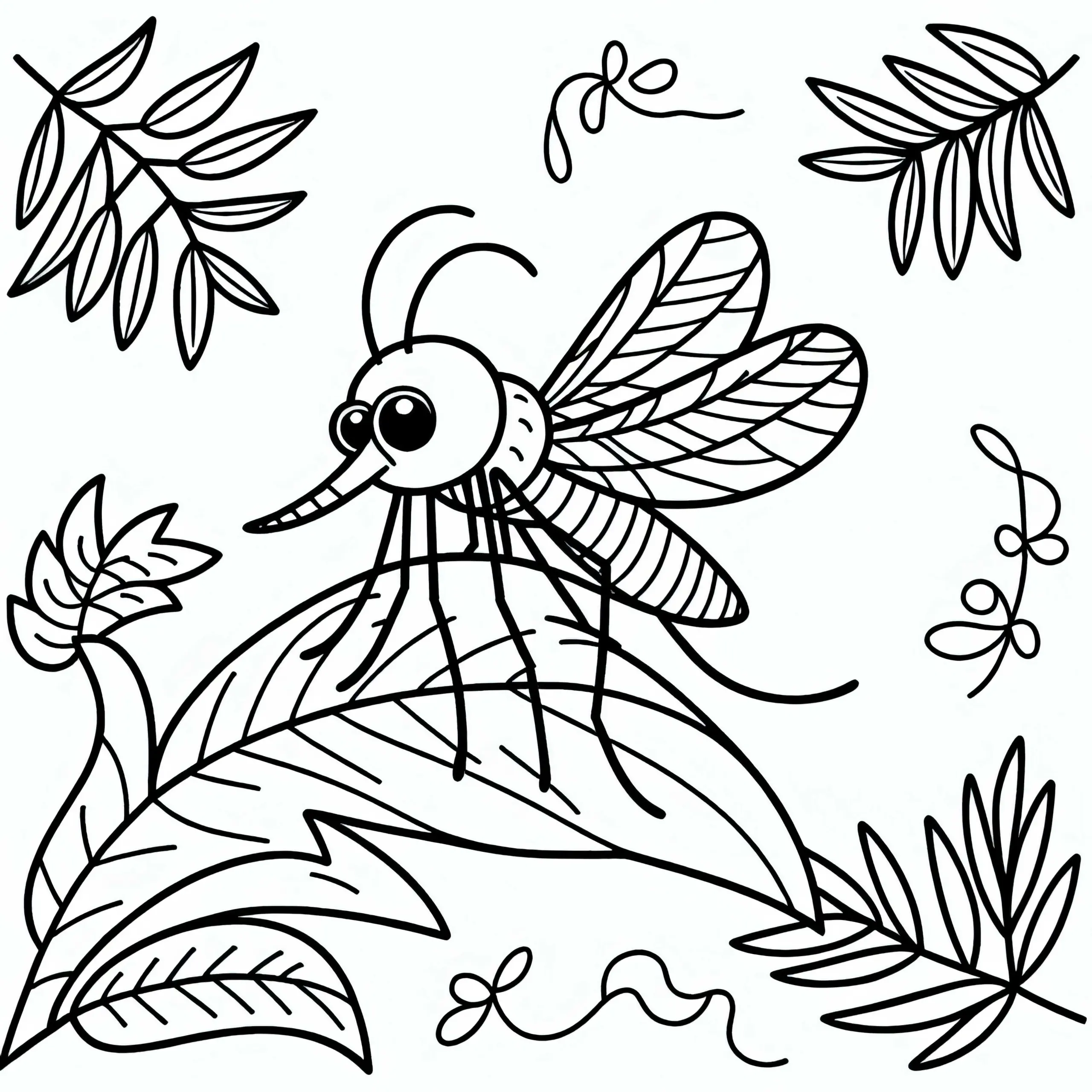 Stechmücke sitzt auf Blatt: Einfache Malvorlage (Kostenlos) (Ausmalbild)