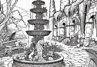 Steinbrunnen in überwachertem Hof einer Ruine – Ausmalbild kostenlos