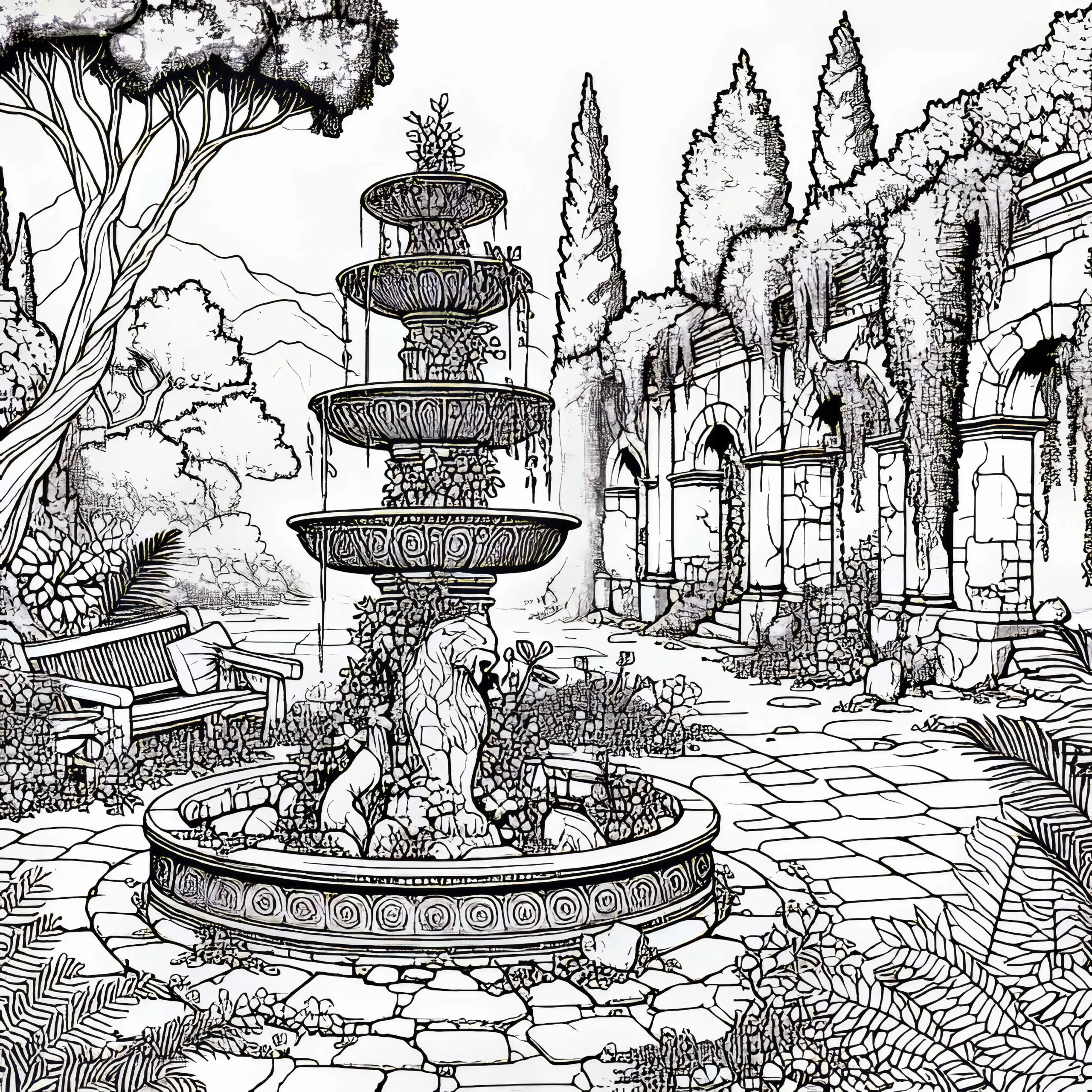 Steinbrunnen in überwachertem Hof einer Ruine – Ausmalbild kostenlos
