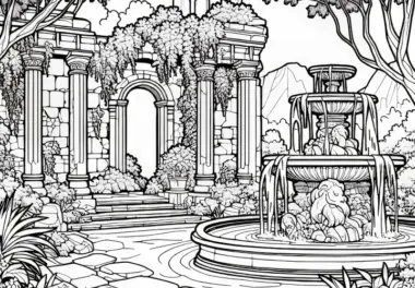 Steinbrunnen in überwachertem Hof einer Ruine – Malvorlage kostenlos
