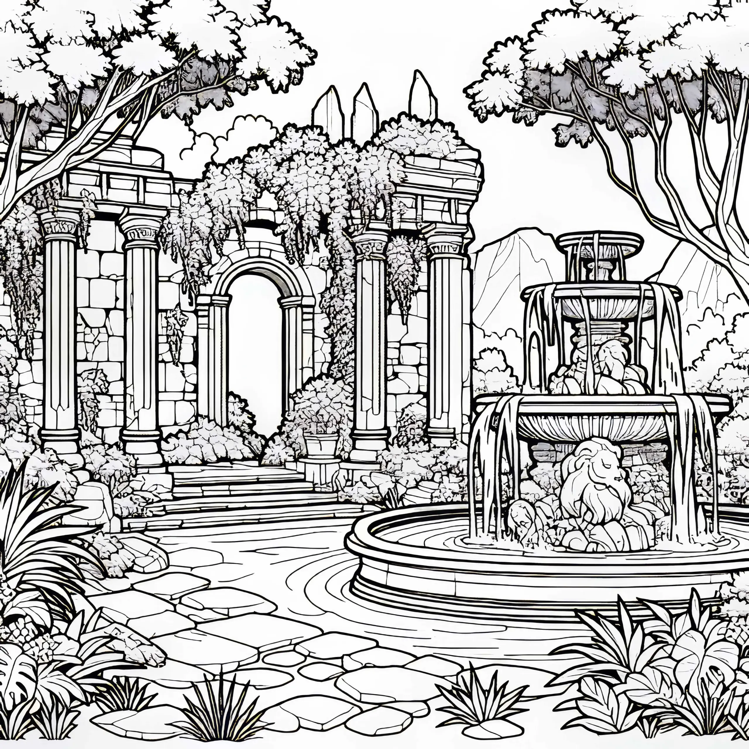 Steinbrunnen in überwachertem Hof einer Ruine – Malvorlage kostenlos (Ausmalbild)