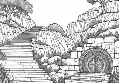 Steintreppen einer Ruine, die in ein verborgenes Gewölbe führen – Ausmalbild Landschaft gratis