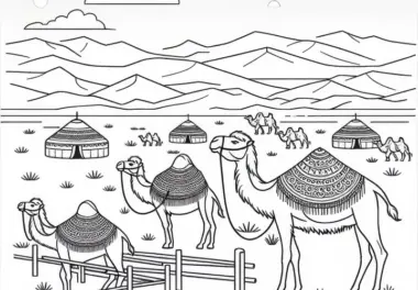 Steppe mit Kamelen und Jurten – Ausmalbild Asien kostenlos