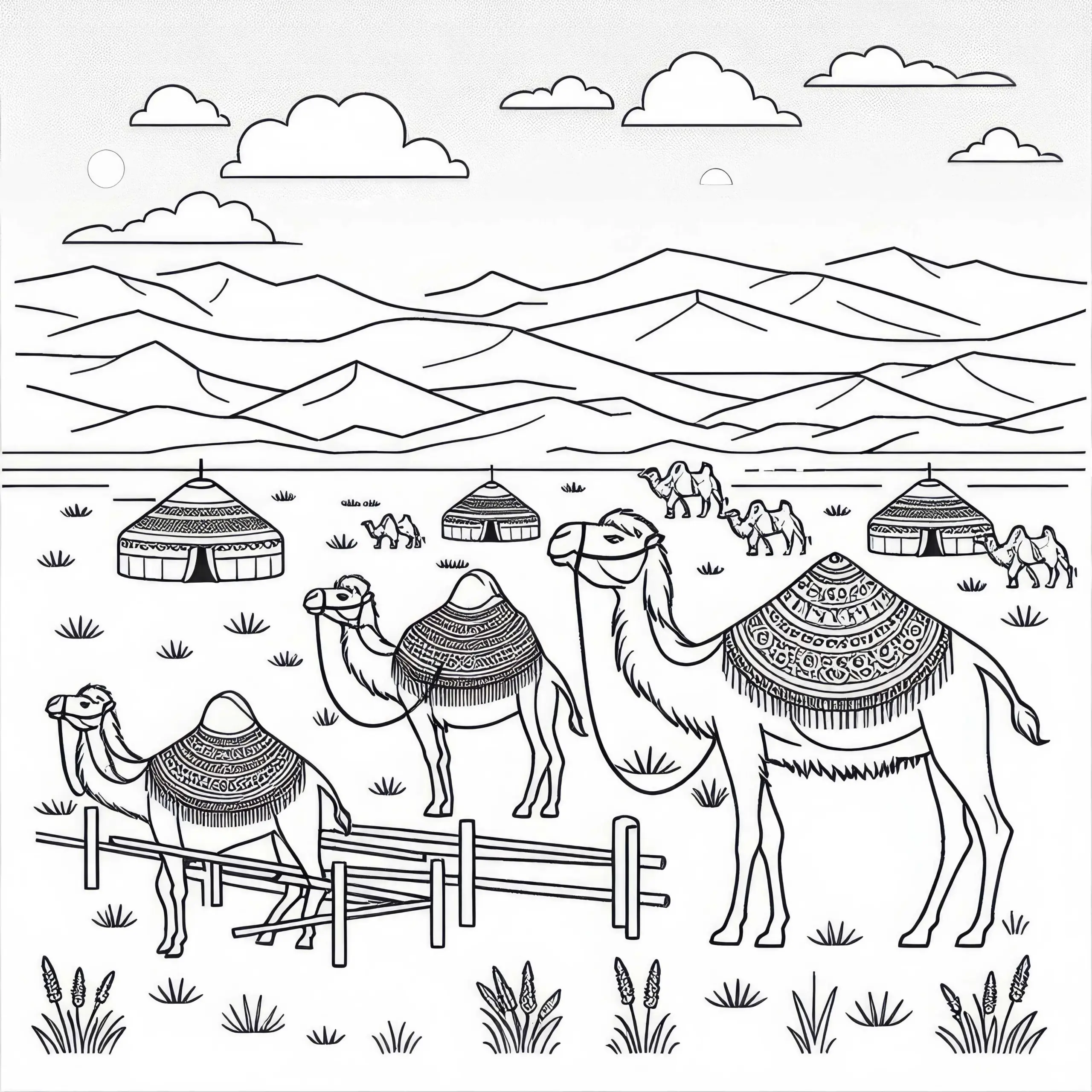 Steppe mit Kamelen und Jurten – Ausmalbild Asien kostenlos