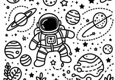 Sterne und Planeten mit Astronauten Malvorlage einfach gratis
