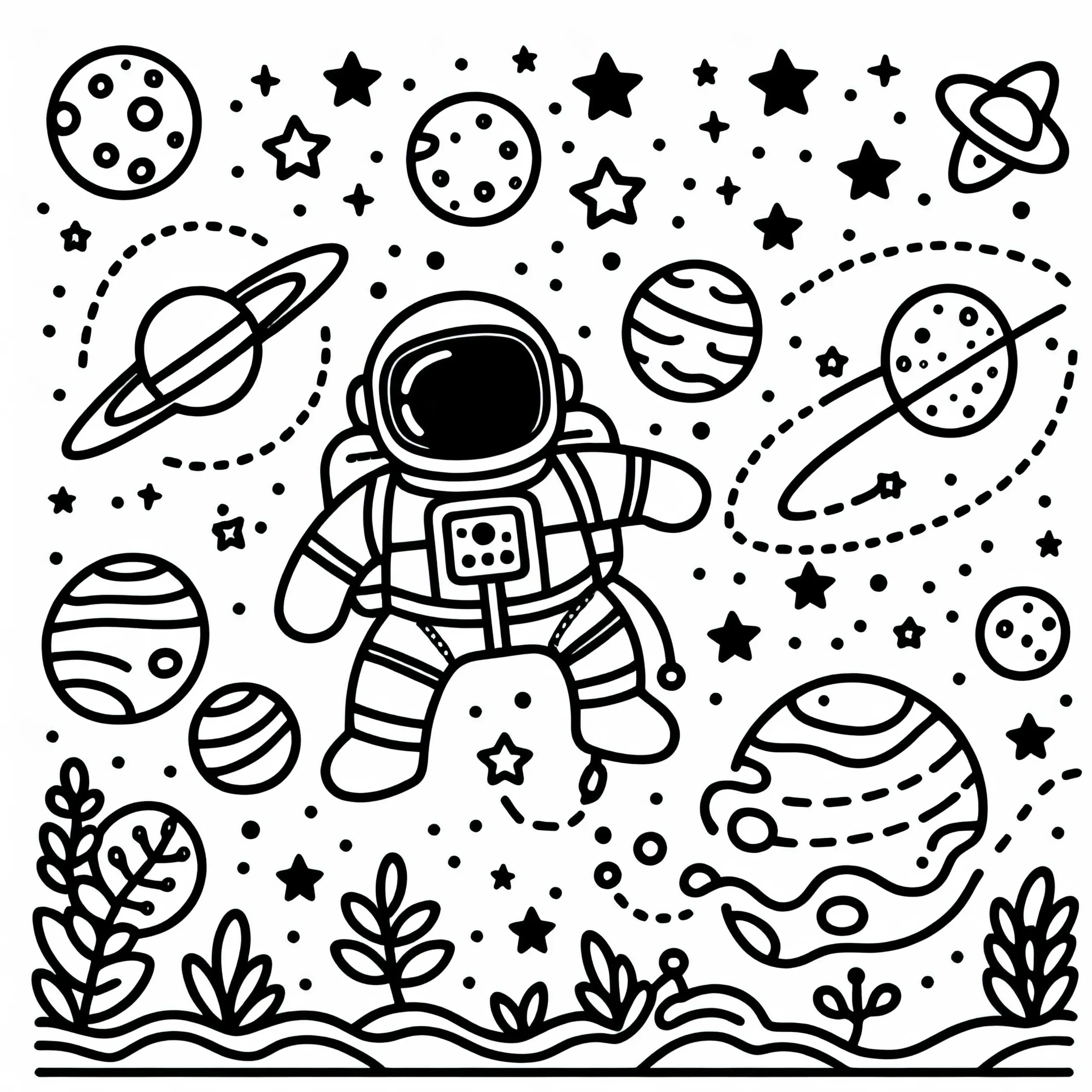 Sterne und Planeten mit Astronauten Malvorlage einfach gratis (Ausmalbild)