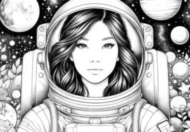 Sterne und Planeten mit Astronautin Malvorlage – Detailreich und Kostenlos