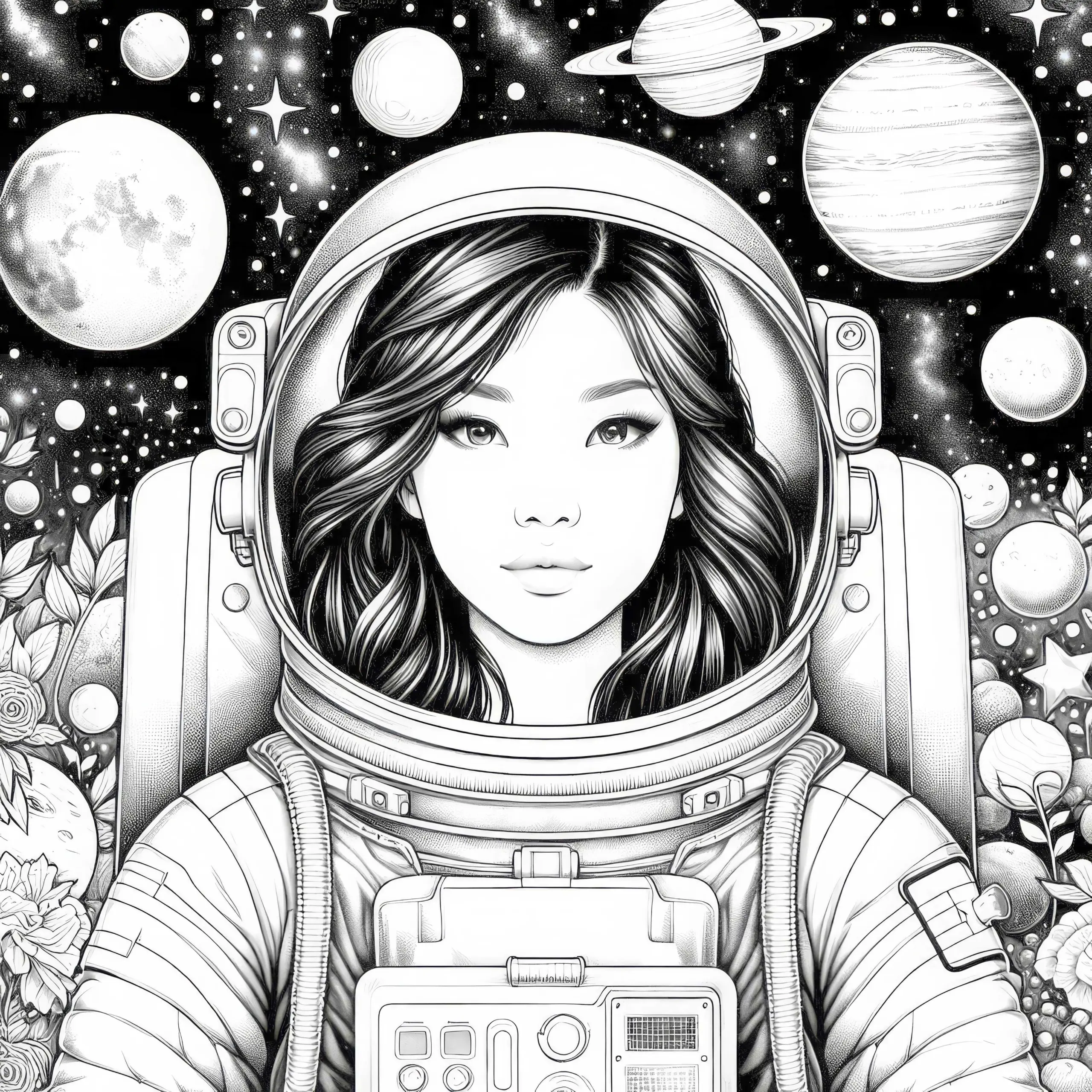 Sterne und Planeten mit Astronautin Malvorlage – Detailreich und Kostenlos (Ausmalbild)