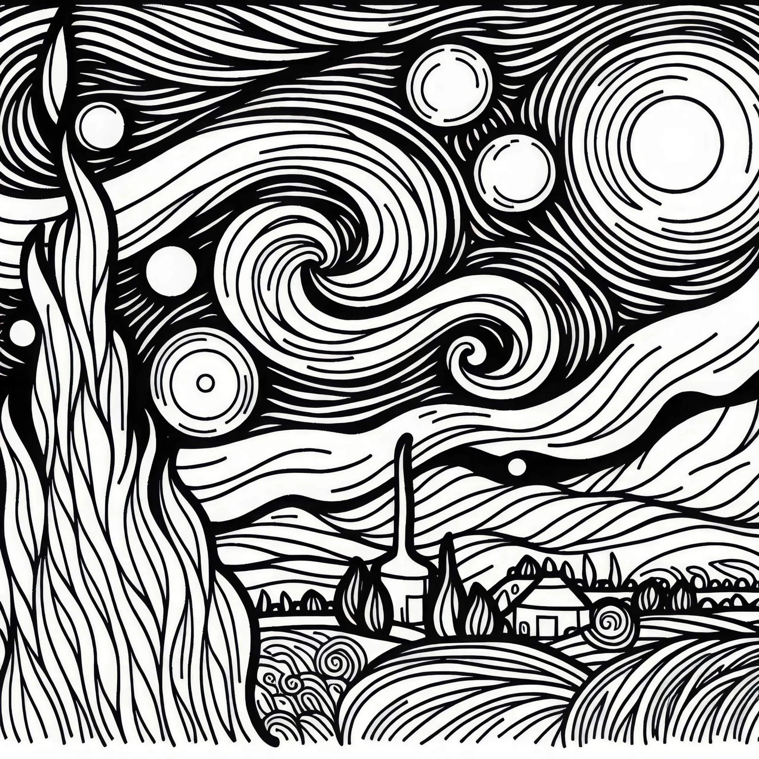 Sternennacht mit wirbelndem Himmel und Mond: Malvorlage Stil Vincent van Gogh (Gratis) (Ausmalbild)