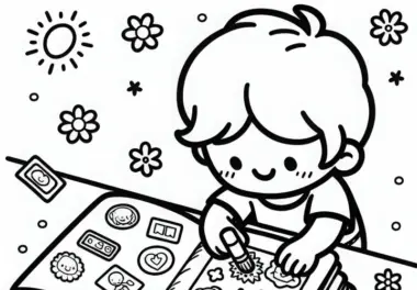 Sticker werden von Kind in Album eingeklebt – Malvorlage kostenlos
