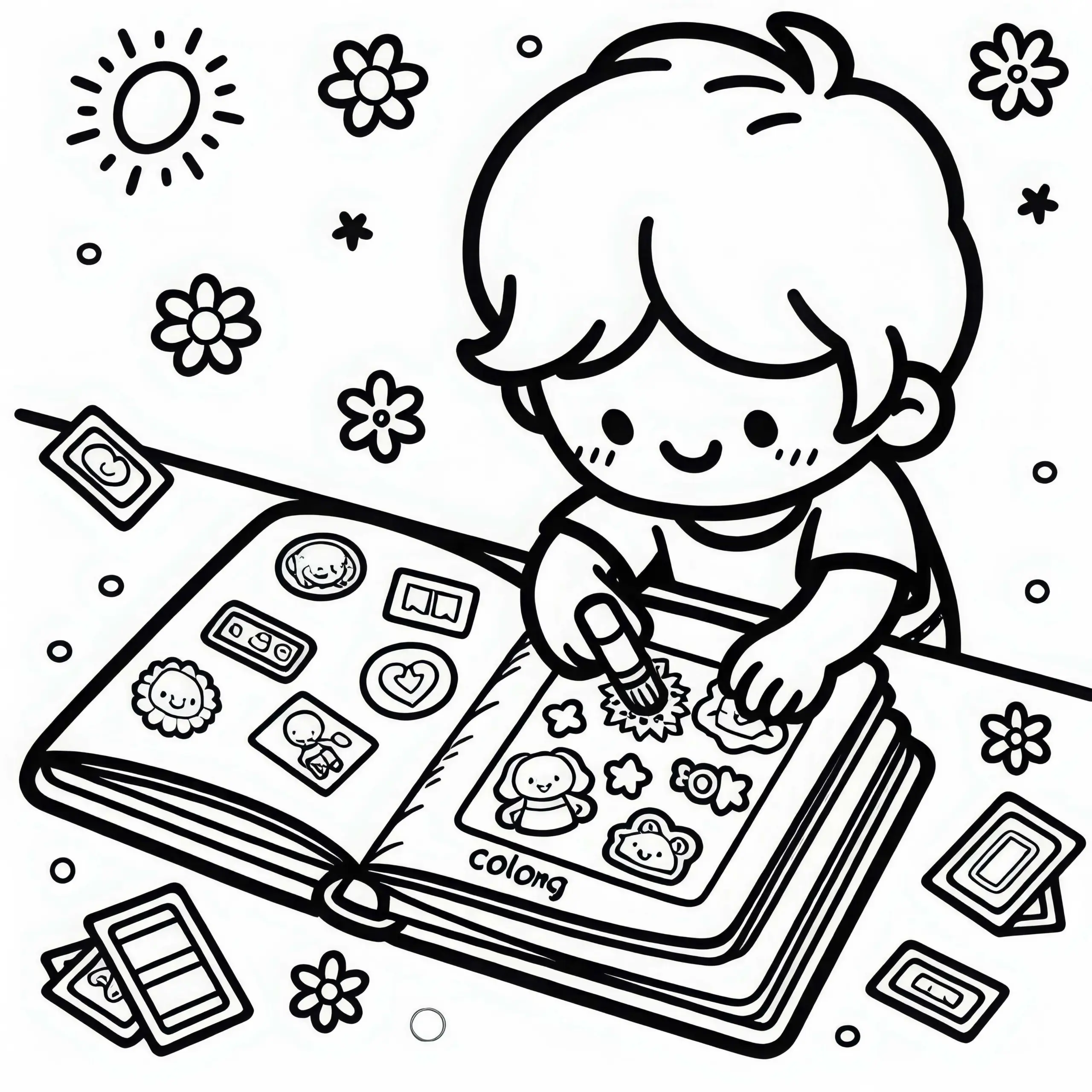 Sticker werden von Kind in Album eingeklebt – Malvorlage kostenlos (Ausmalbild)