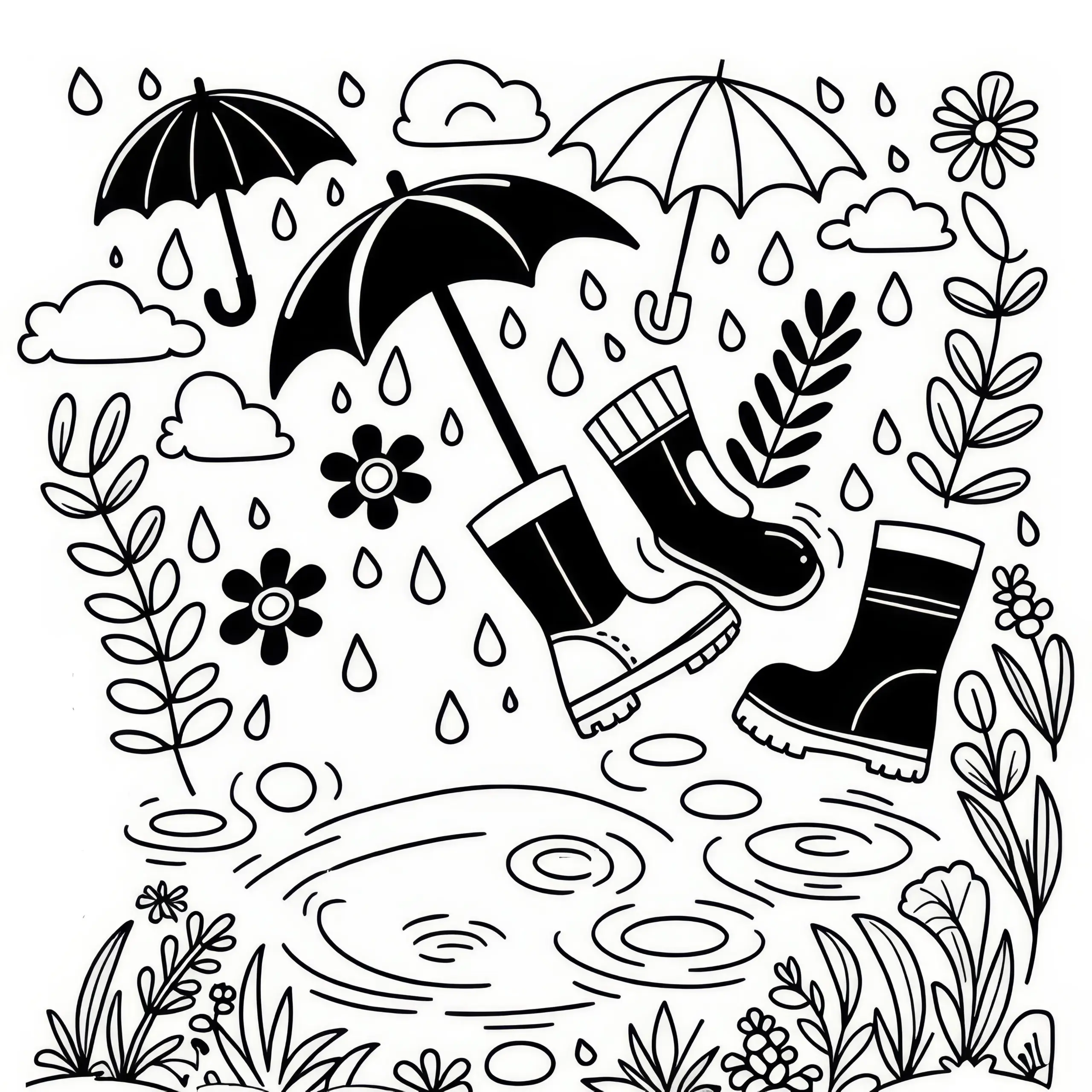 Stiefel, Regenschirme und Pfützen im März: Gratis Ausmalbild