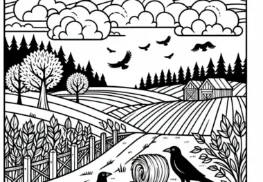 Stille Landschaft mit Feldweg, abgeerntetem Feld und Raben – Malvorlage für den Herbst