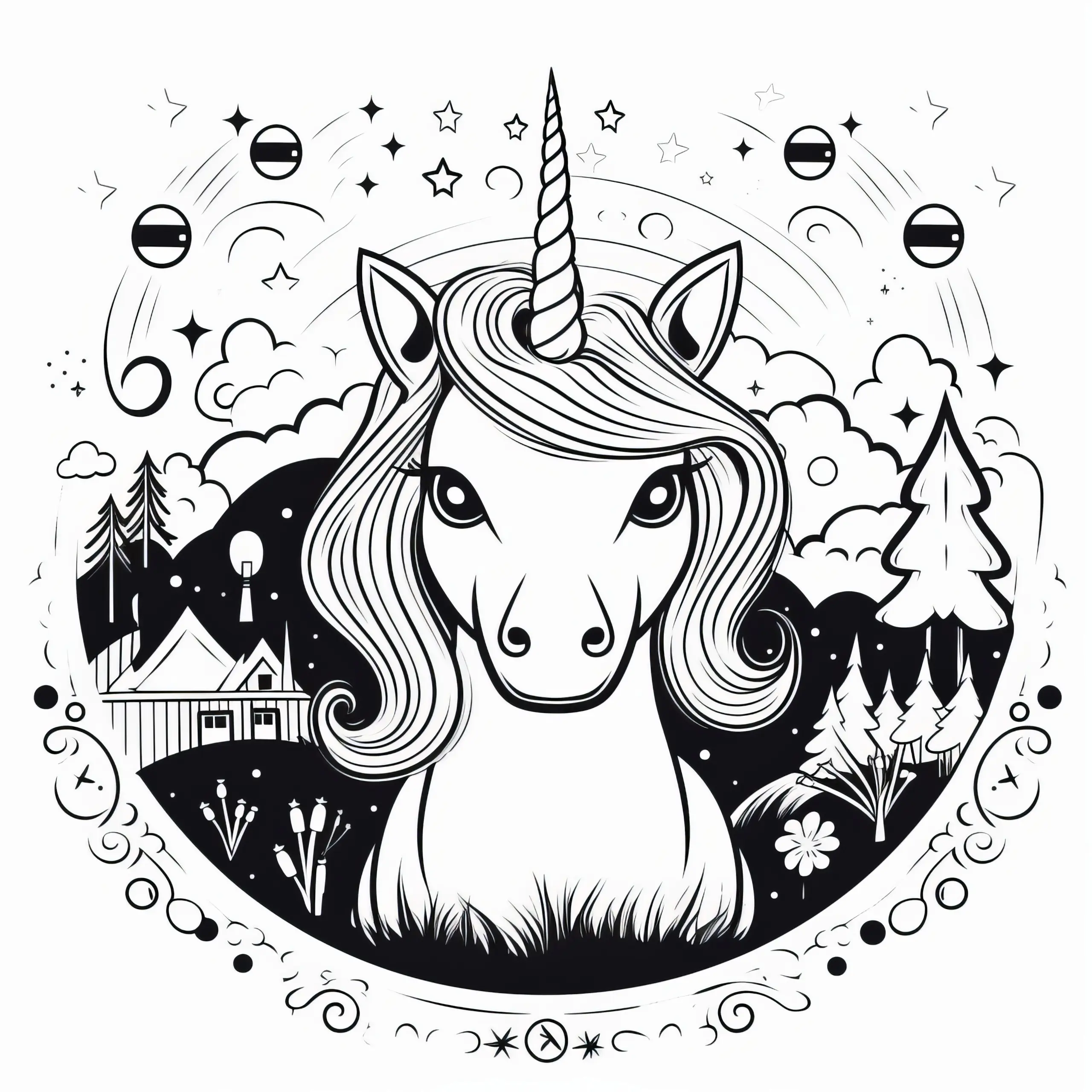 Stilvolle Malvorlage: Einhorn-Kopf kostenlos jetzt downloaden (Ausmalbild)