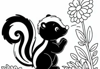 Stinktier schnüffelt neugierig an Blume – Malvorlage gratis