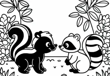 Stinktier und ein Waschbär begegnen sich im Garten – Ausmalbild gratis