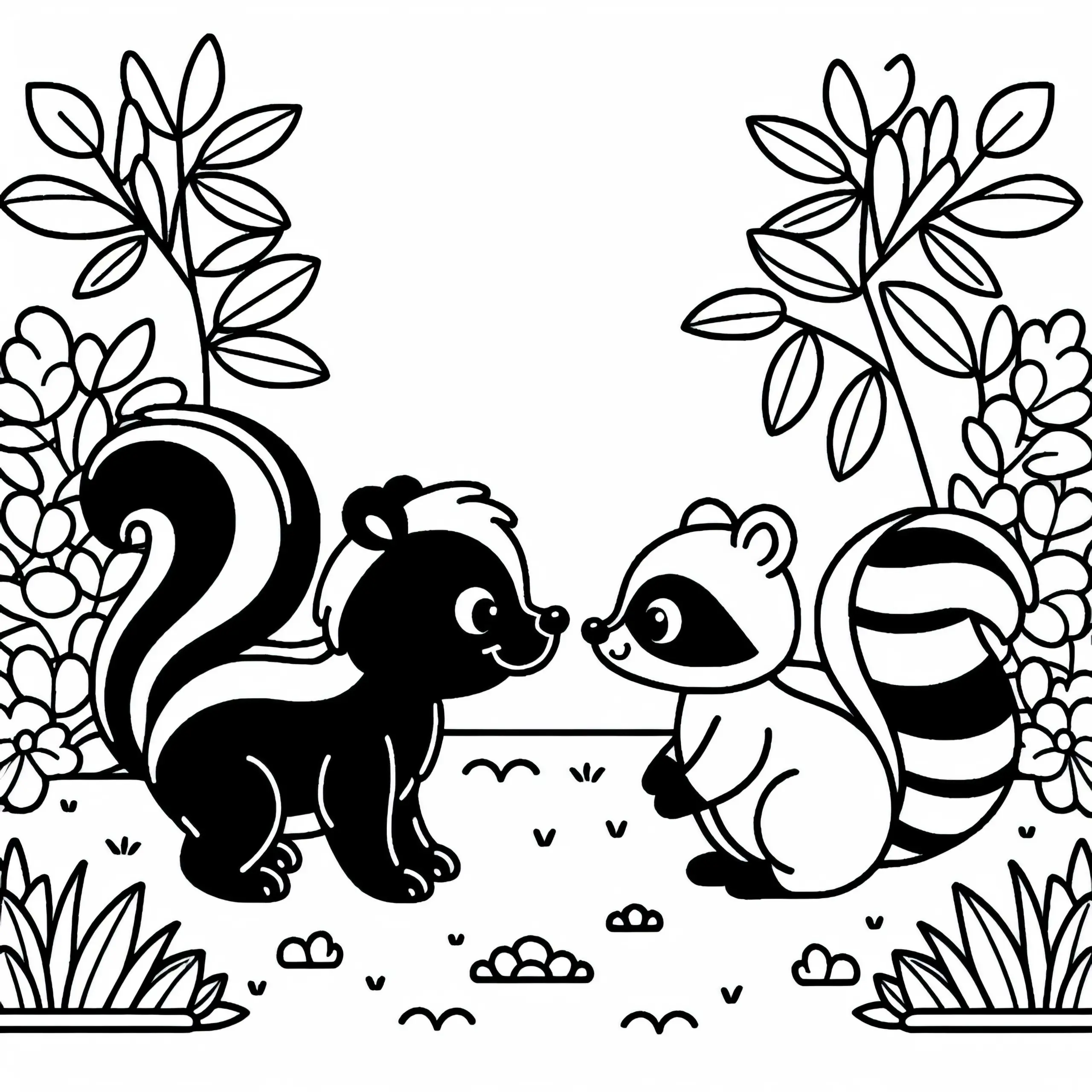 Stinktier und ein Waschbär begegnen sich im Garten – Ausmalbild gratis