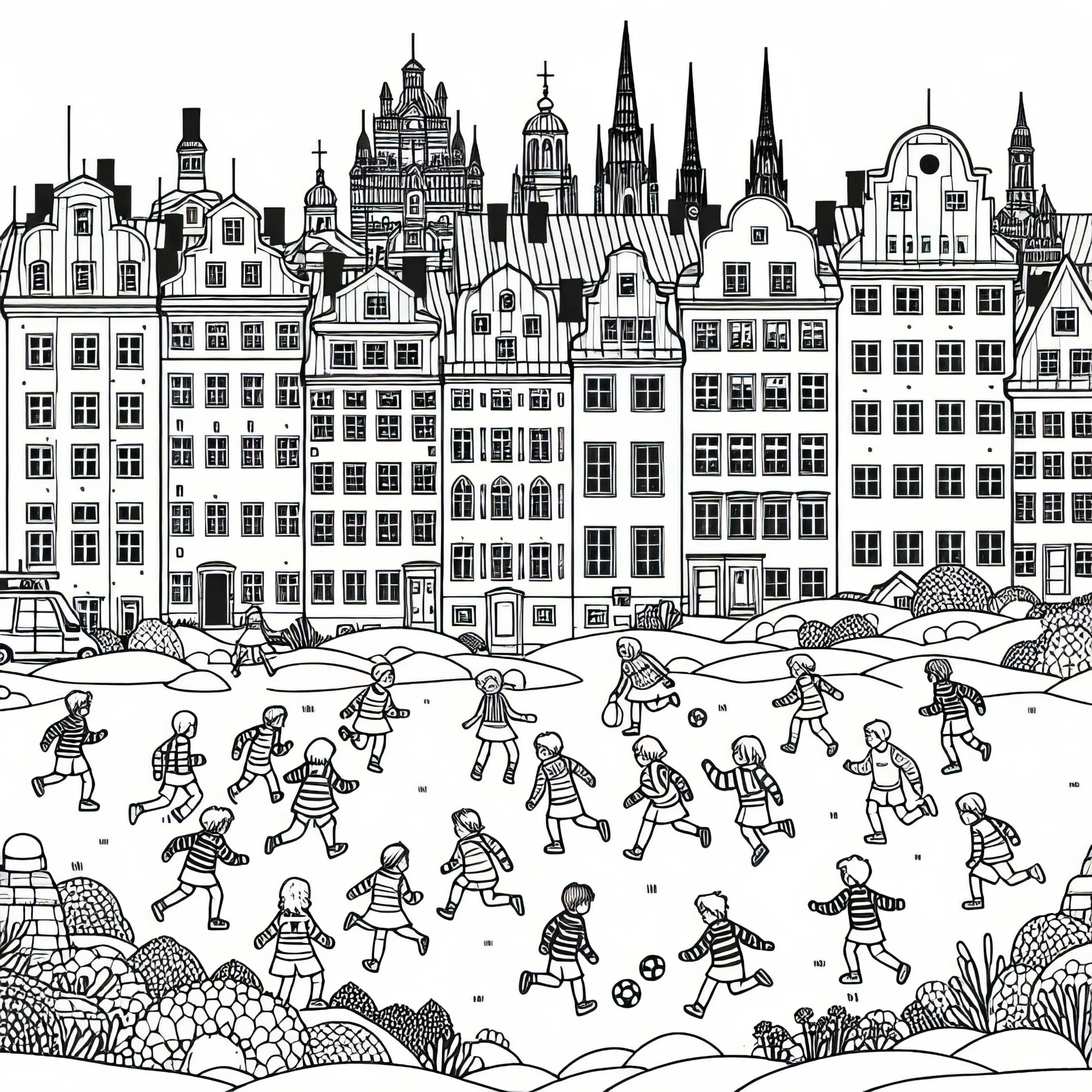 Kinder Spielen Fangen Vor Häusern – Ausmalbild Kostenlos