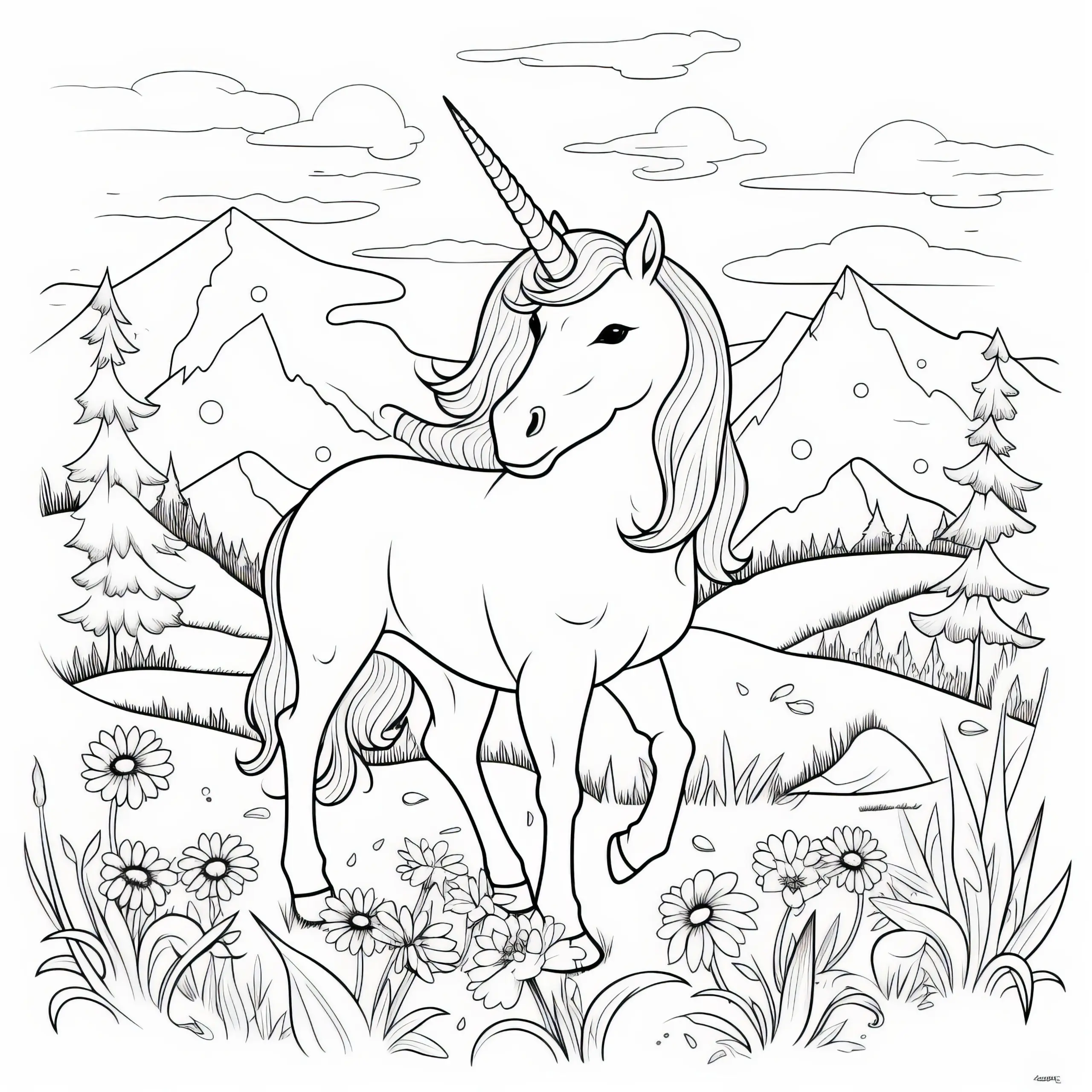 Stolzes Einhorn in einer Berglandschaft: Ausmalbild kostenlos