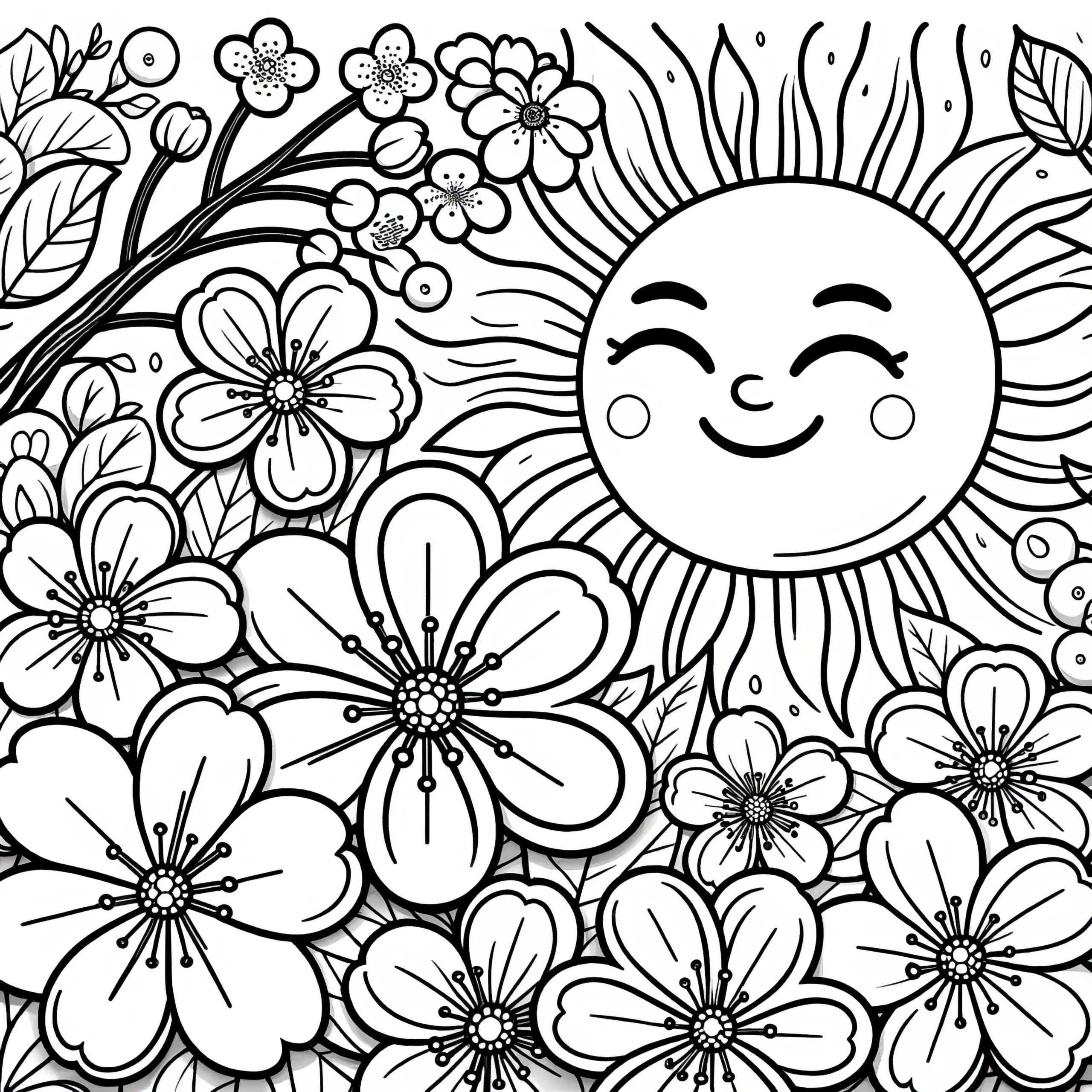 Strahlende Sonne und Kirschbaumblüten zum Ausmalen (Gratis) (Ausmalbild)