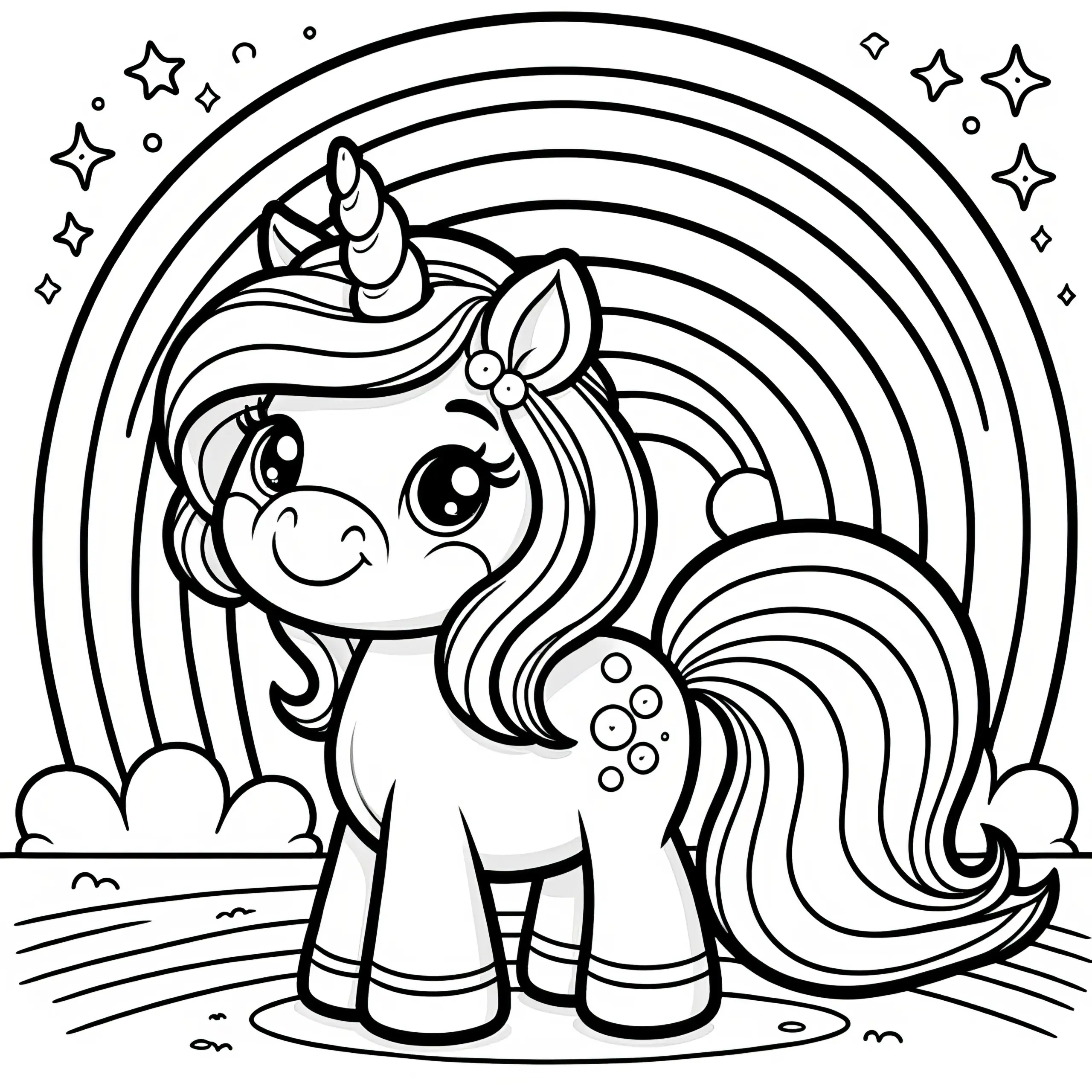 Strahlendes Einhorn unter Regenbogen als Ausmalbild (Gratis)