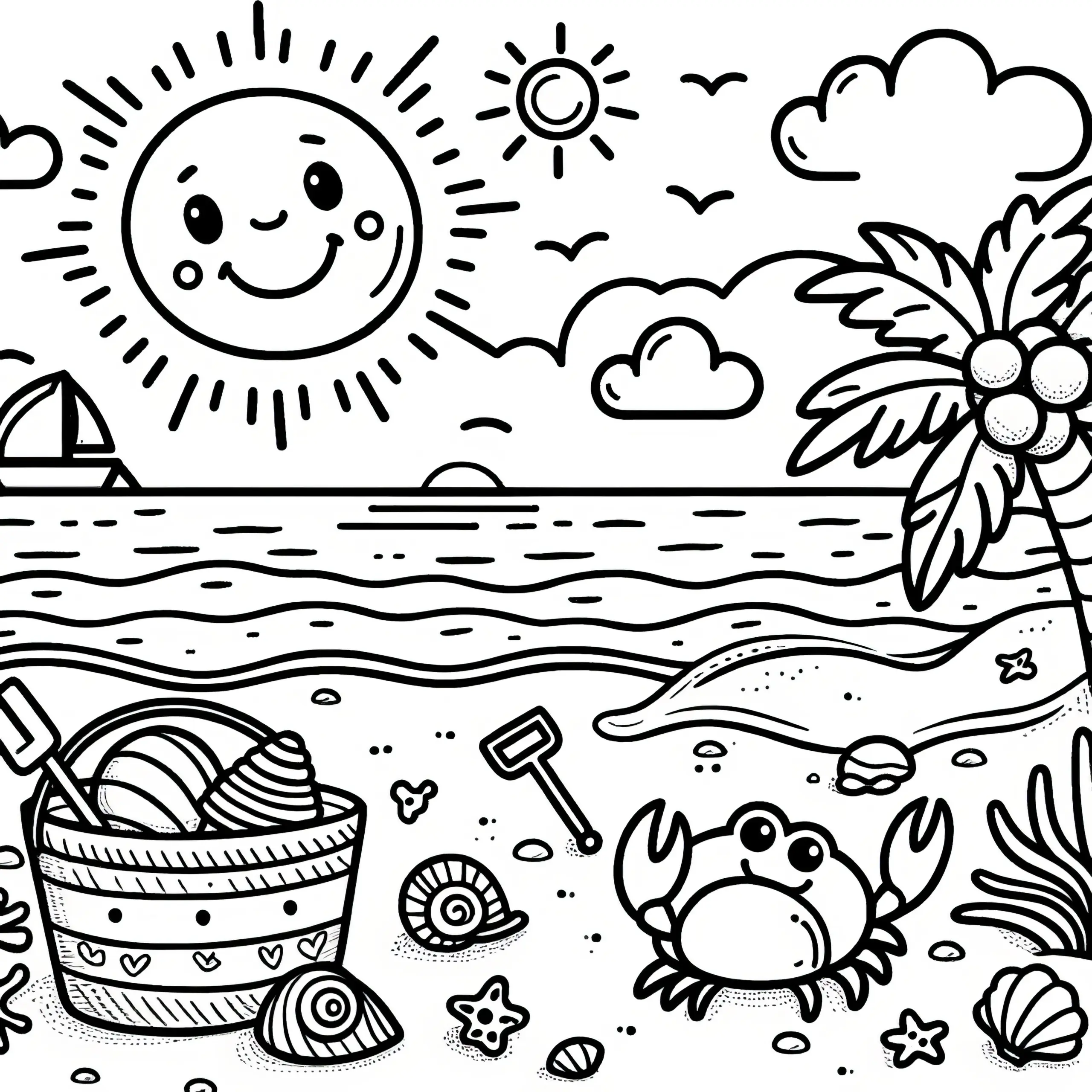 Strand, Krebs, Sonne und Palme: Malvorlage zum Herunterladen (Gratis) (Ausmalbild)