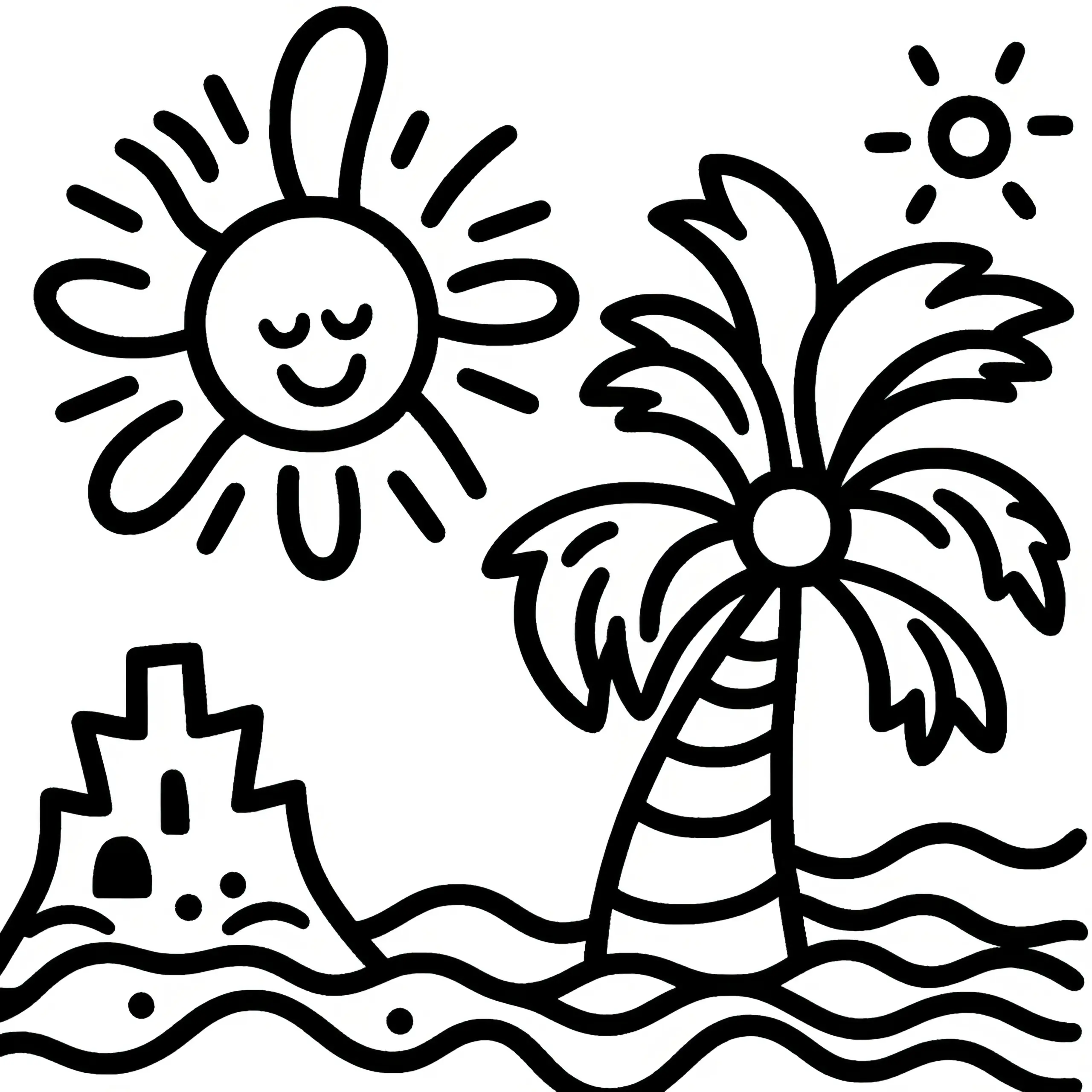 Strand, Palme, Sonne und Sandburg: Einfache Malvorlage zum Herunterladen (Gratis) (Ausmalbild)