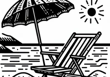 Strandkorb mit Sonnenschirm an der Küste – Malvorlage kostenlos