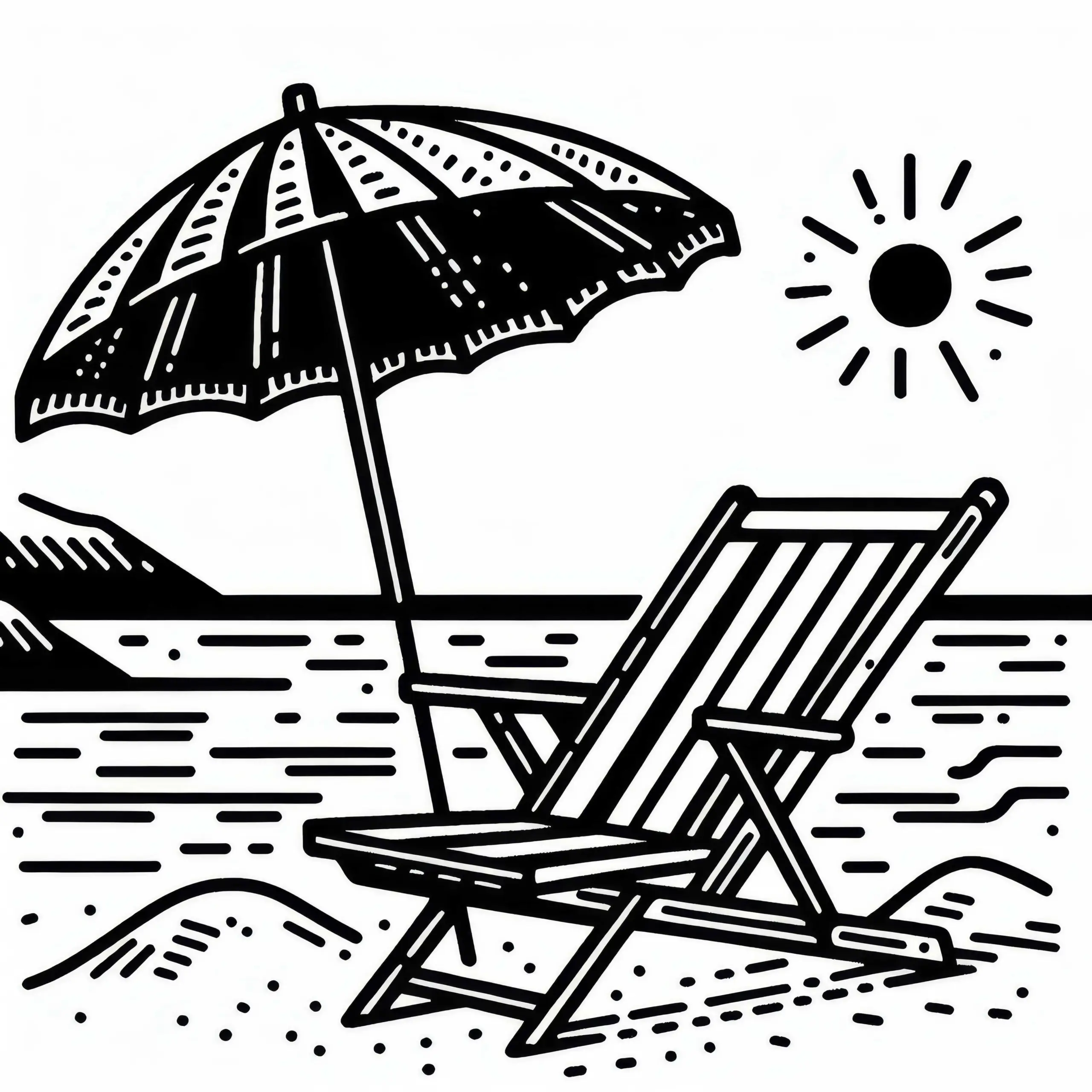 Strandkorb mit Sonnenschirm an der Küste – Malvorlage kostenlos (Ausmalbild)