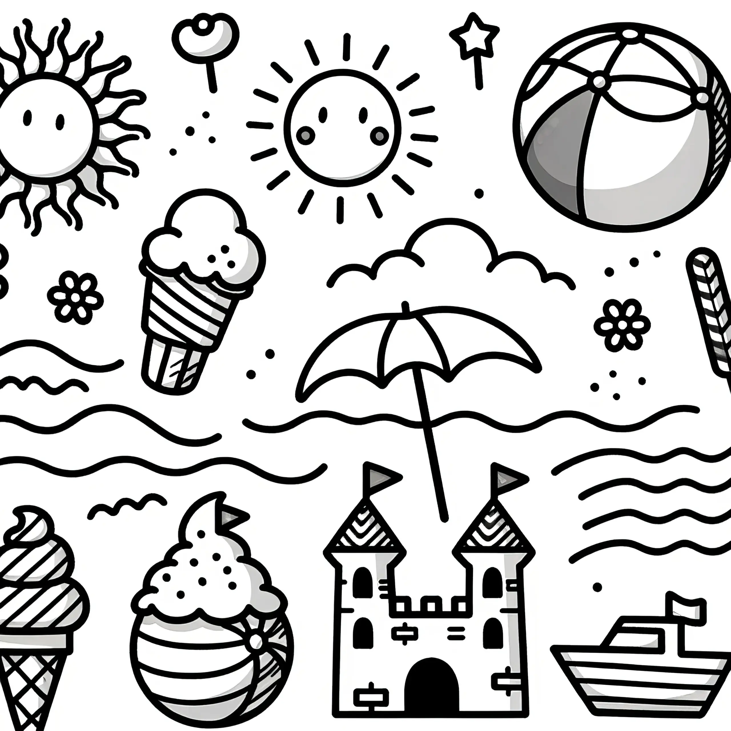 Strandmotive mit Eis, Sonne, Wasserball, Sandburg: Einfache Malvorlage (Kostenlos) (Ausmalbild)