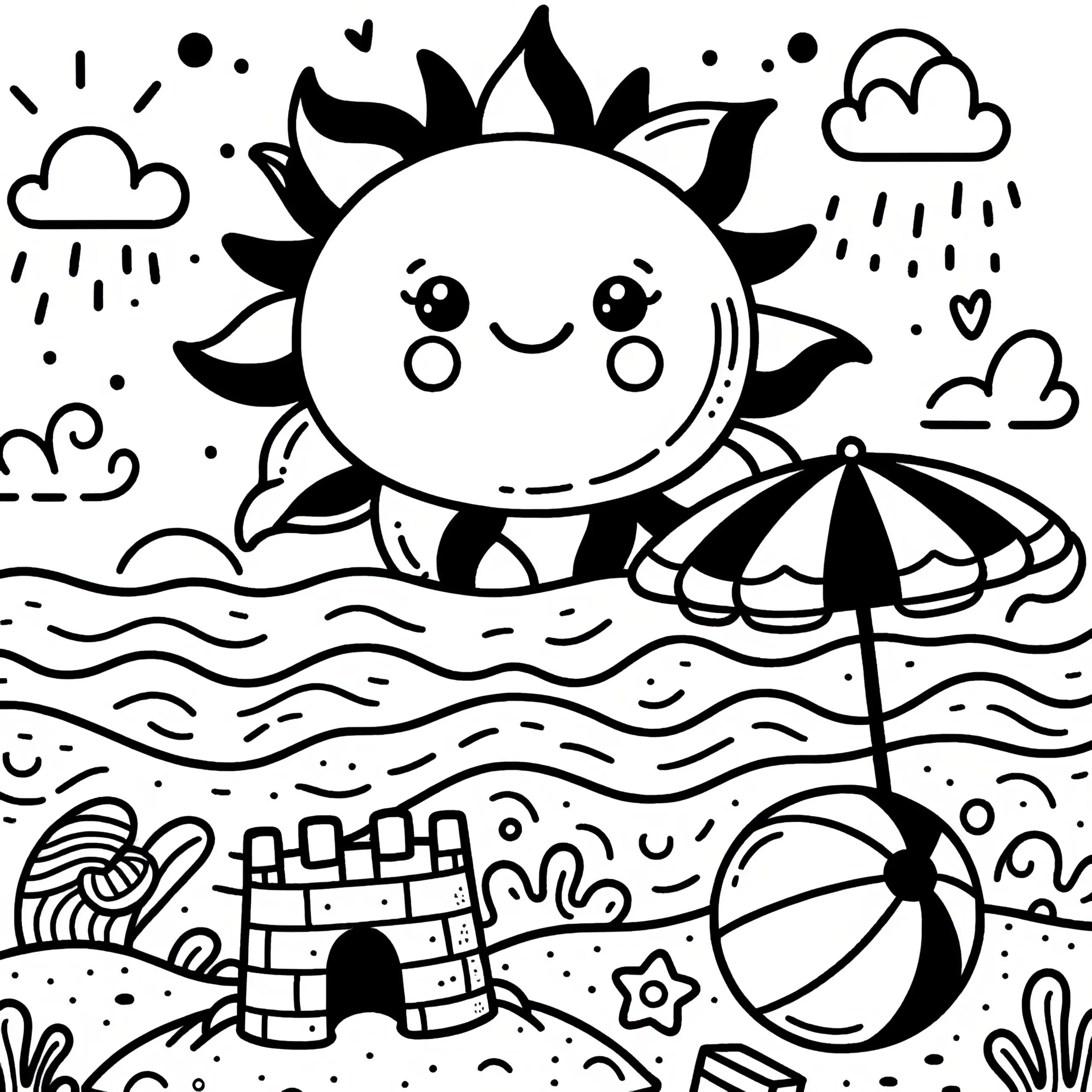 Strandszene: Einfache Malvorlage für Kinder zum Download (Gratis) (Ausmalbild)