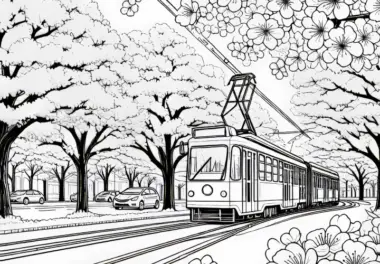 Straßenbahn fährt durch Park mit Kirschblütenbäumen – Malvorlage gratis