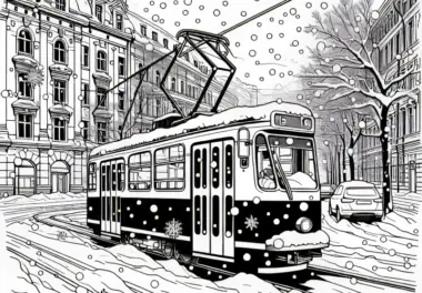Straßenbahn fährt durch verschneite Straßen im Winter – Malvorlage gratis