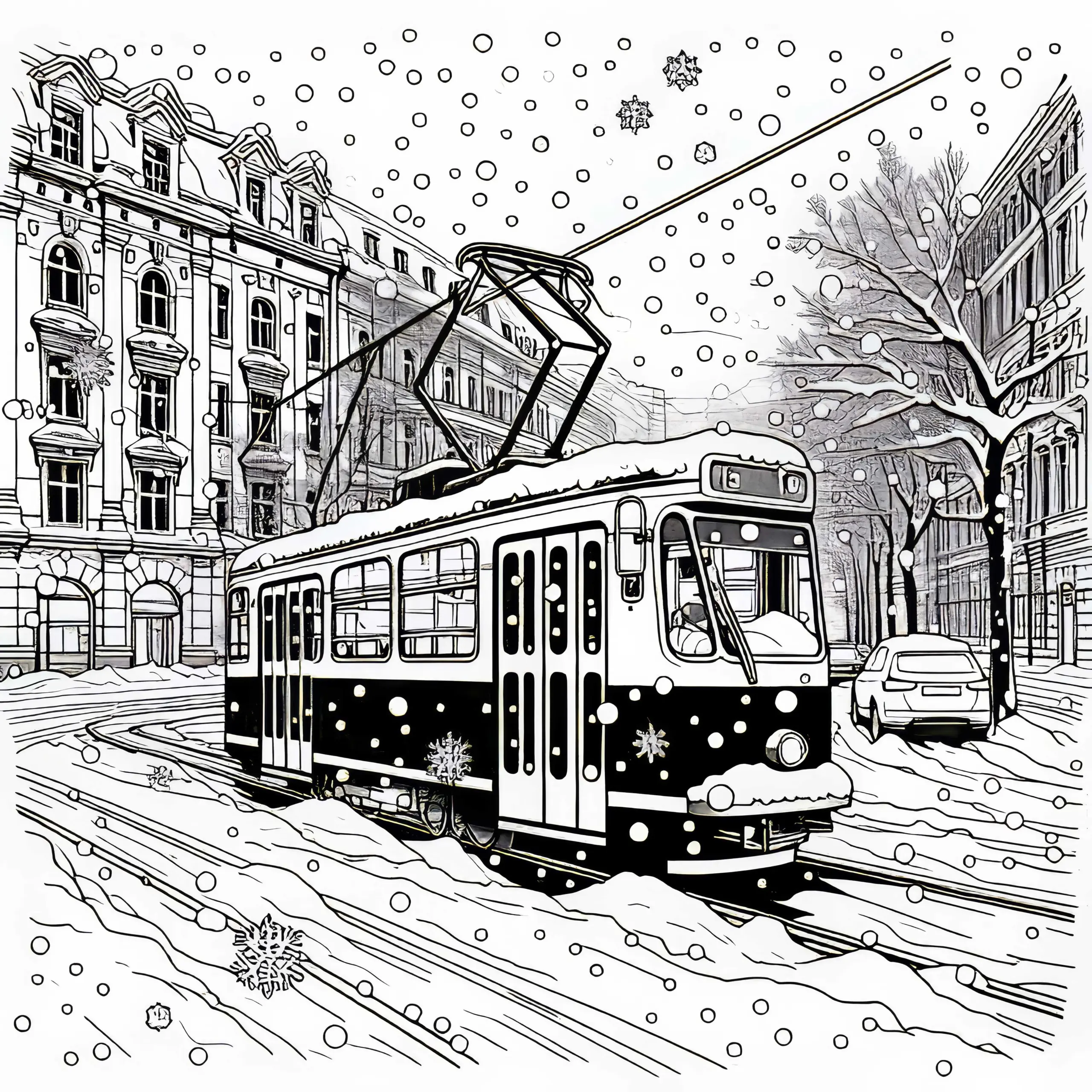 Straßenbahn fährt durch verschneite Straßen im Winter – Malvorlage gratis (Ausmalbild)