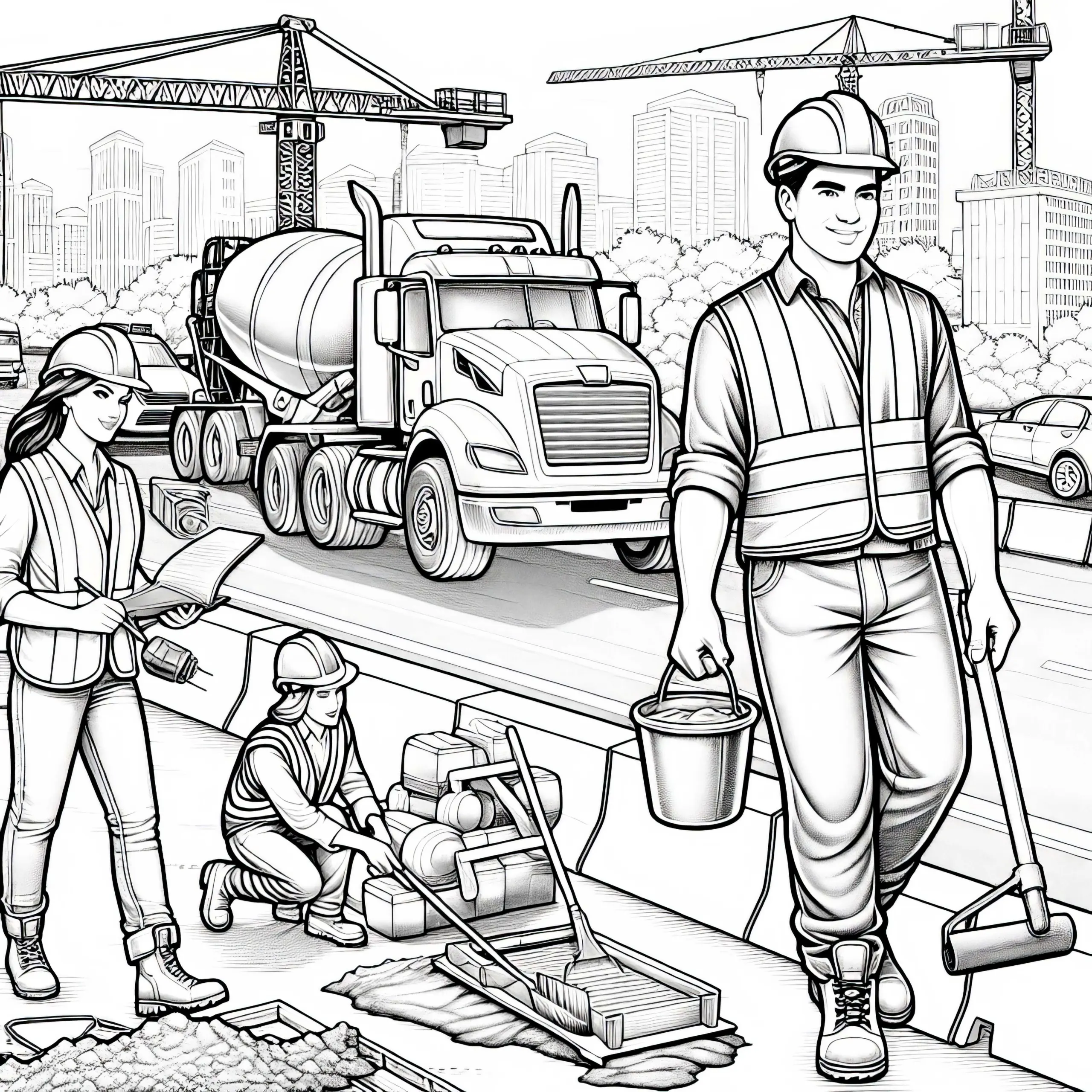 Straßenbaustelle mit Bauarbeitern – Detailreiche Malvorlage Kostenlos (Ausmalbild)