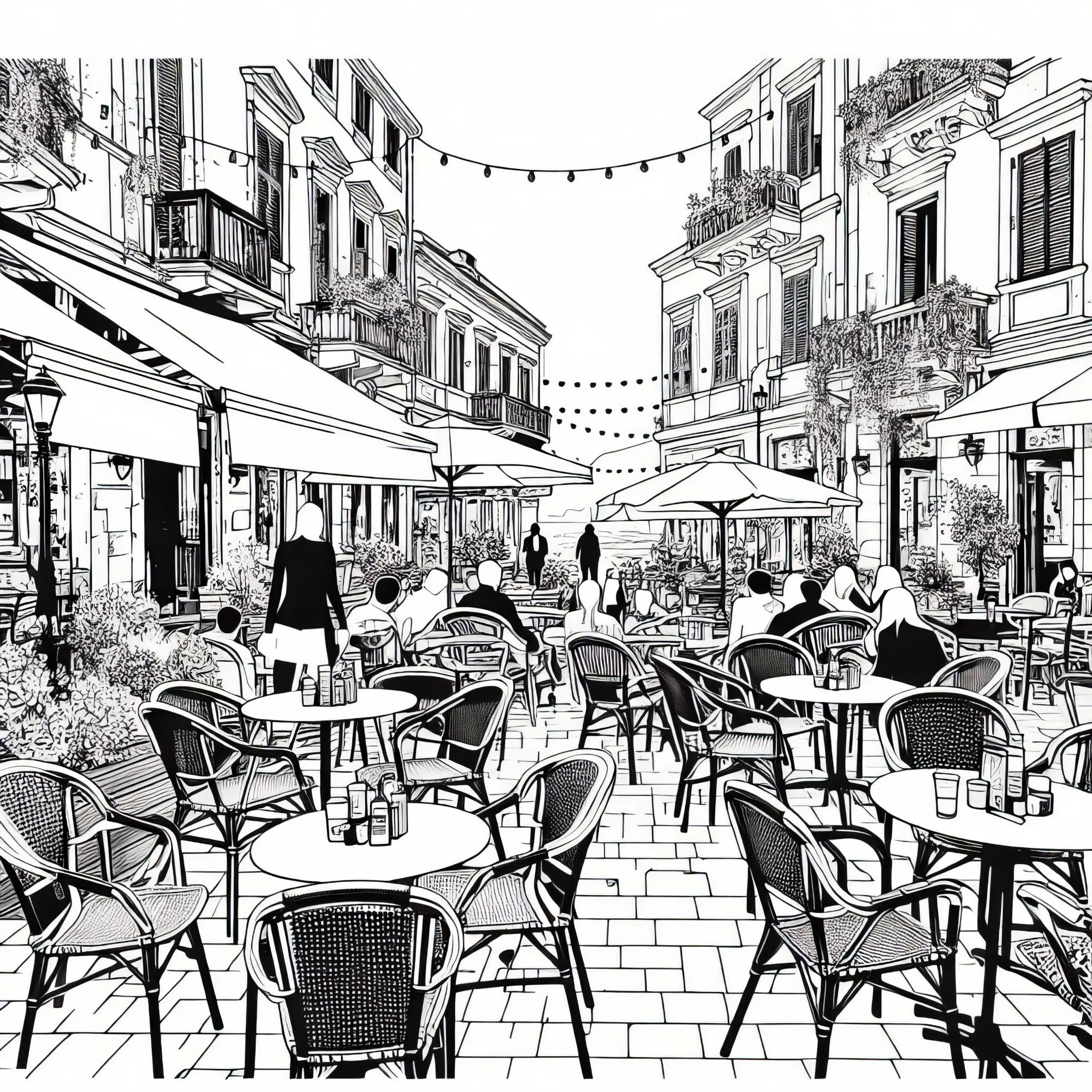 Straßencafé in der Stadt: kostenlose Malvorlage (Ausmalbild)