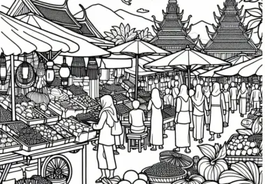 Straßenmarkt mit Ständen – Malvorlage Asien kostenlos